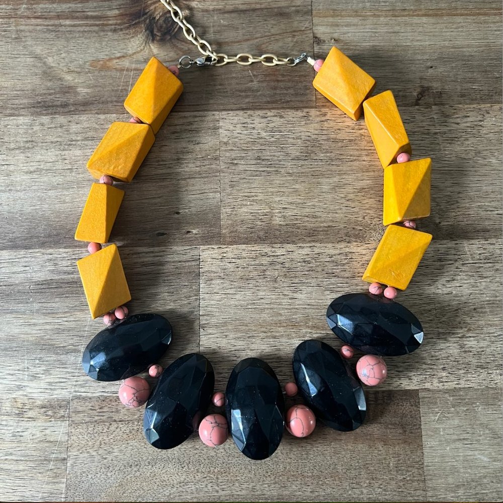 Anthropologie Women's Yellow/Peach/Black Wooden Beaded Necklace